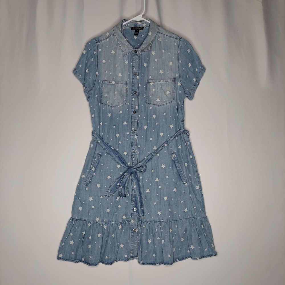 Aqua Dress Small Blue White Stars Belt‎ Button Collar Short Sleeve Ruffle Pocket